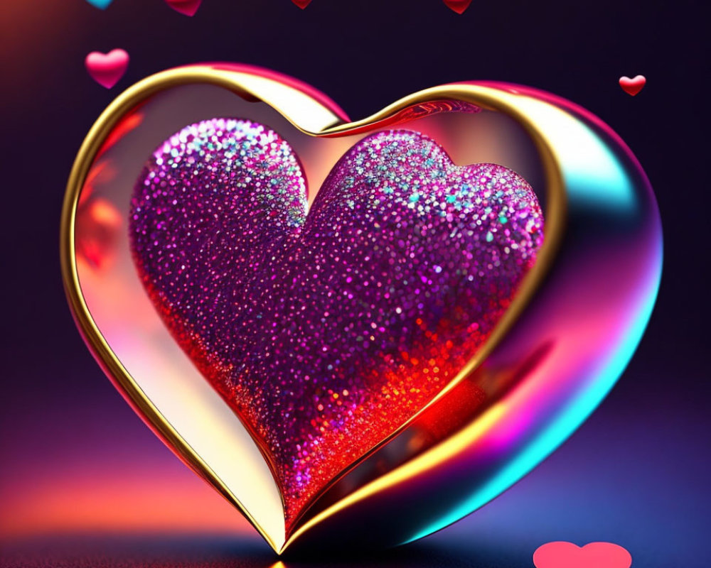 Shiny Gold-Trimmed Heart with Pink Interior and Floating Hearts on Bokeh Background