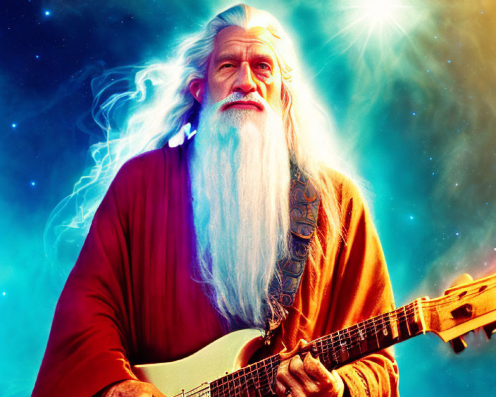 Elderly wizard with electric guitar in cosmic setting