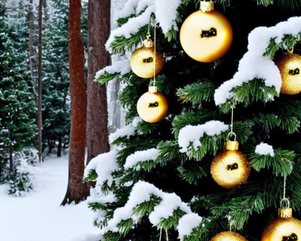 Golden Baubles Adorned Christmas Tree in Snowy Winter Scene