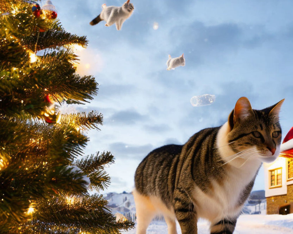 Cat walking in snow near Christmas tree with cat-shaped clouds and twilight sky