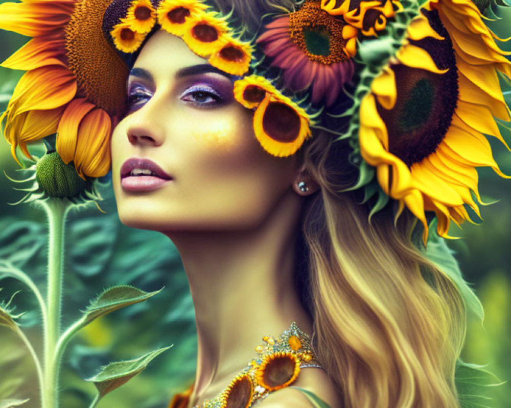 Woman with Sunflower Motifs Surrounded by Vibrant Sunflowers