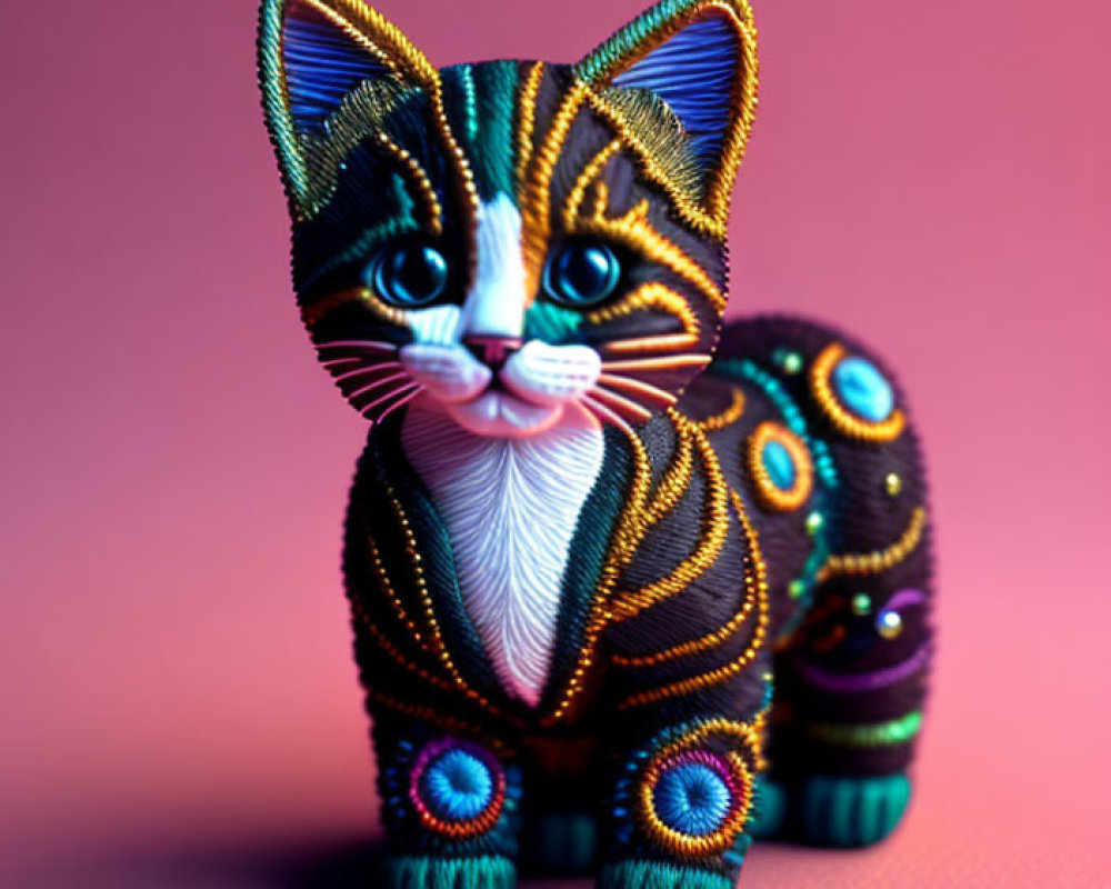 Colorful Handcrafted Cat Figurine with Intricate Patterns on Pink Background