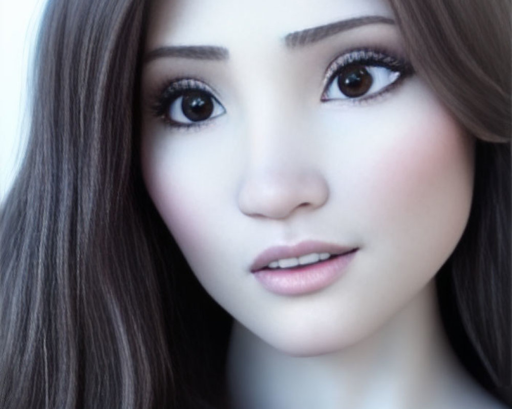 Rendered Female Character with Long Dark Hair and Large Eyes