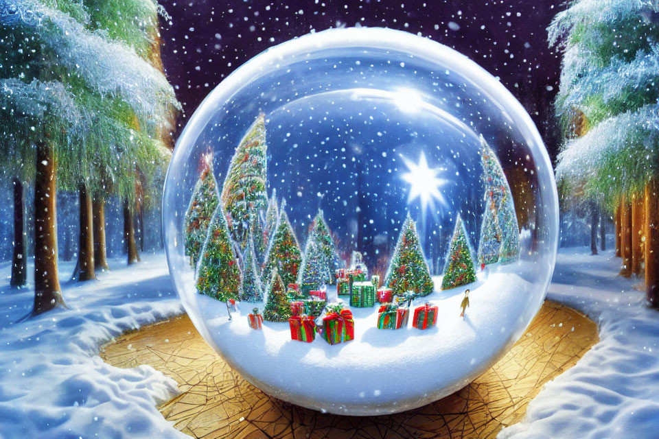 Snowy Christmas scene with transparent sphere in dark snowy forest