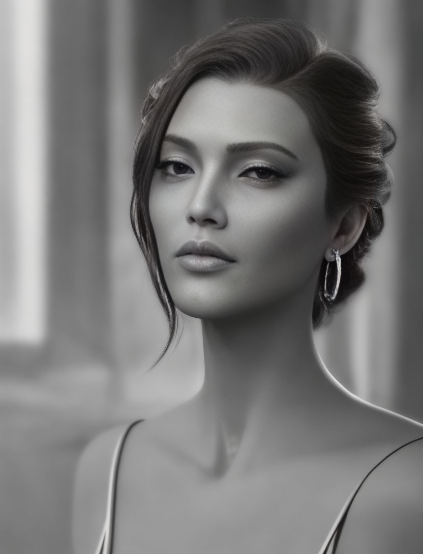 Glamorous woman with elegant hairstyle and makeup in grayscale portrait