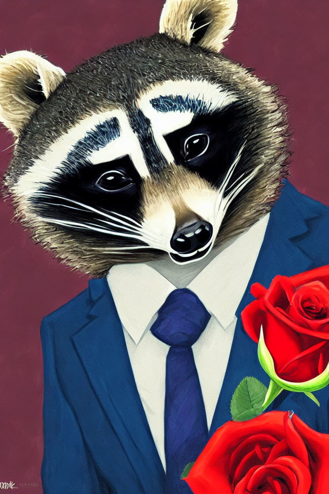 Raccoon in Navy Suit Holding Red Roses on Scarlet Background