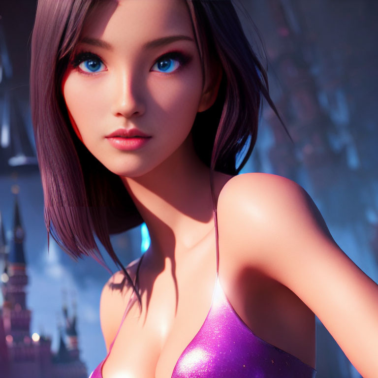 Detailed close-up of 3D animated female character with blue eyes and purple dress against cityscape at