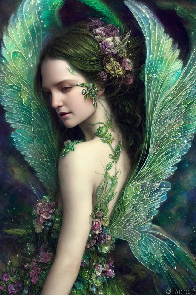 Portrait of Mythical Female Creature with Iridescent Wings and Floral Accents