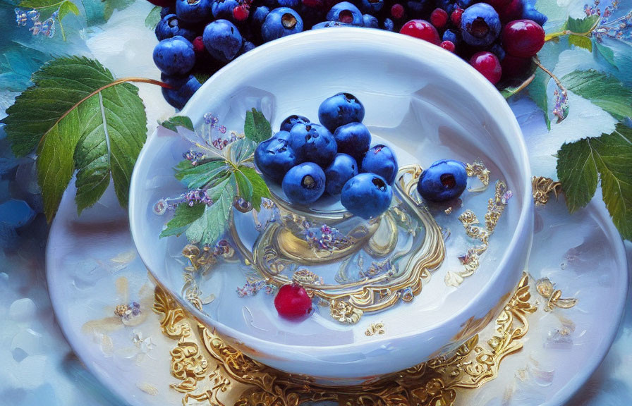 Plump blueberries in white bowl with red berries and green leaves