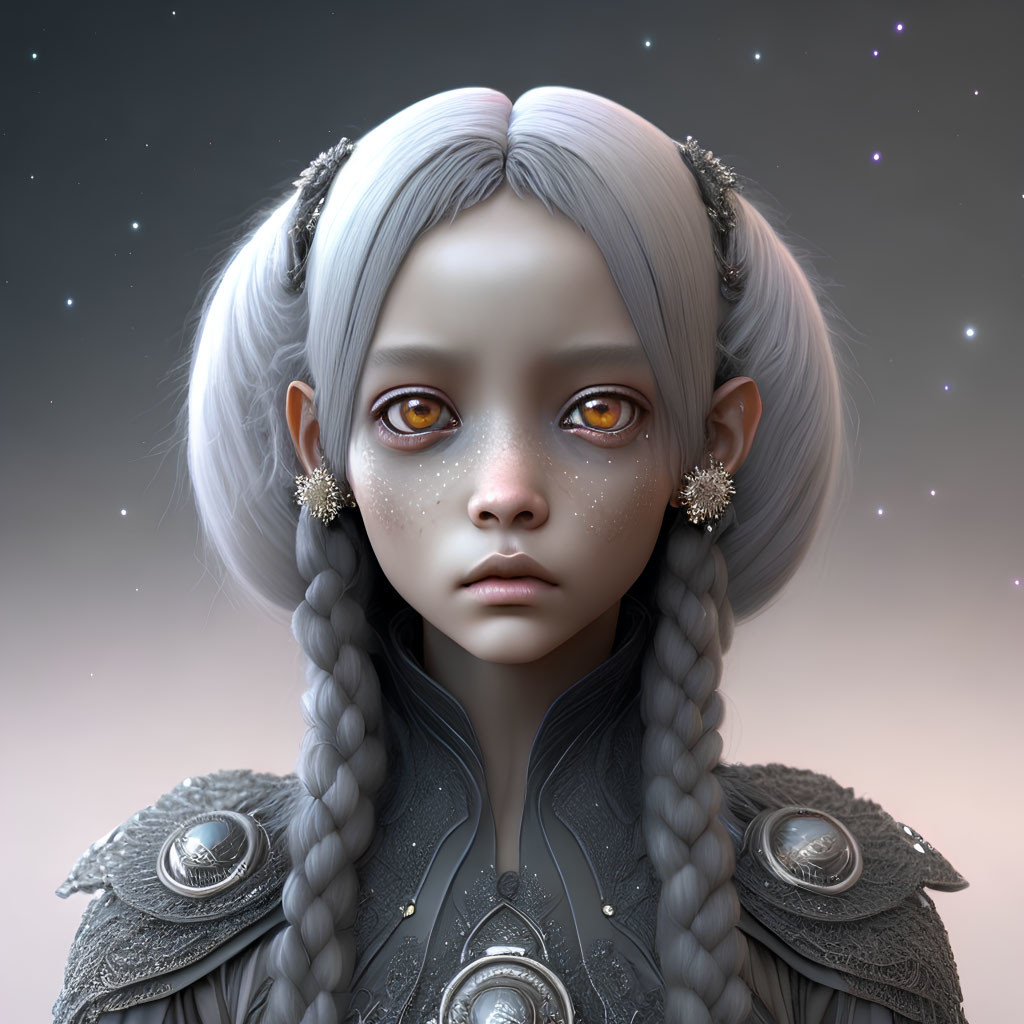 Digital portrait of girl with orange eyes, grey braided hair, starry earrings, and cosmic armor