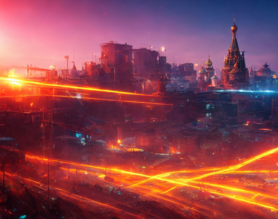 Futuristic cityscape at dusk with neon lights, heavy traffic, and intricate tower blending historical and