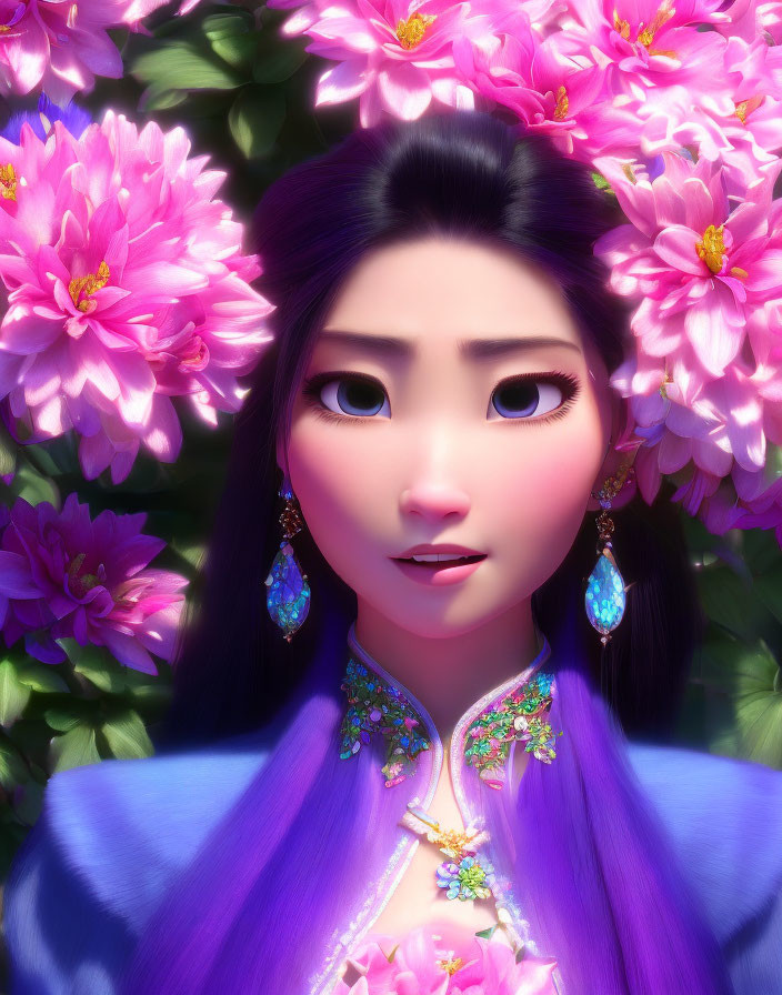 3D animated female character with large expressive eyes and long black hair in vibrant purple traditional garment among bright