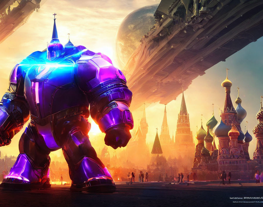 Purple Armored Robot Stands in Futuristic Cityscape