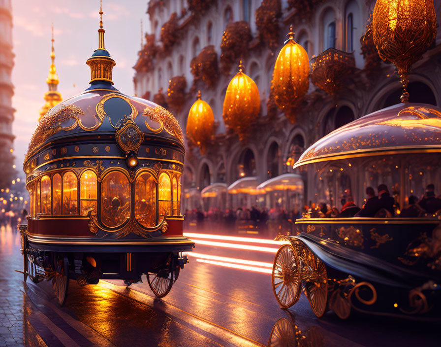 Vintage-style tram with gold and blue detailing in a glowing city scene at dusk.