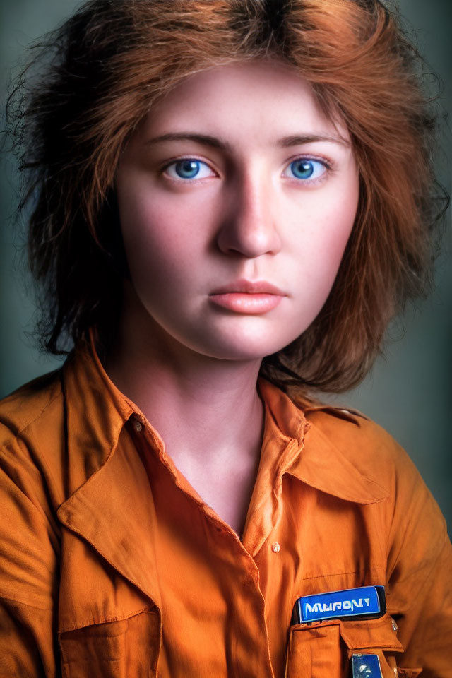 Brown-haired person with blue eyes and orange shirt with "MURONYI" name tag.