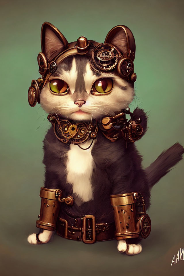 Steampunk Cat in Goggles with Mechanical Accessories on Green Background