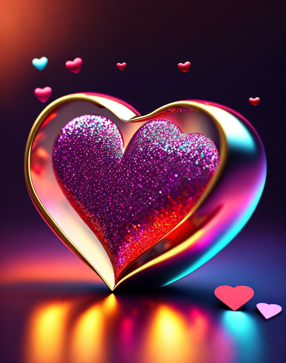 Shiny Gold-Trimmed Heart with Pink Interior and Floating Hearts on Bokeh Background