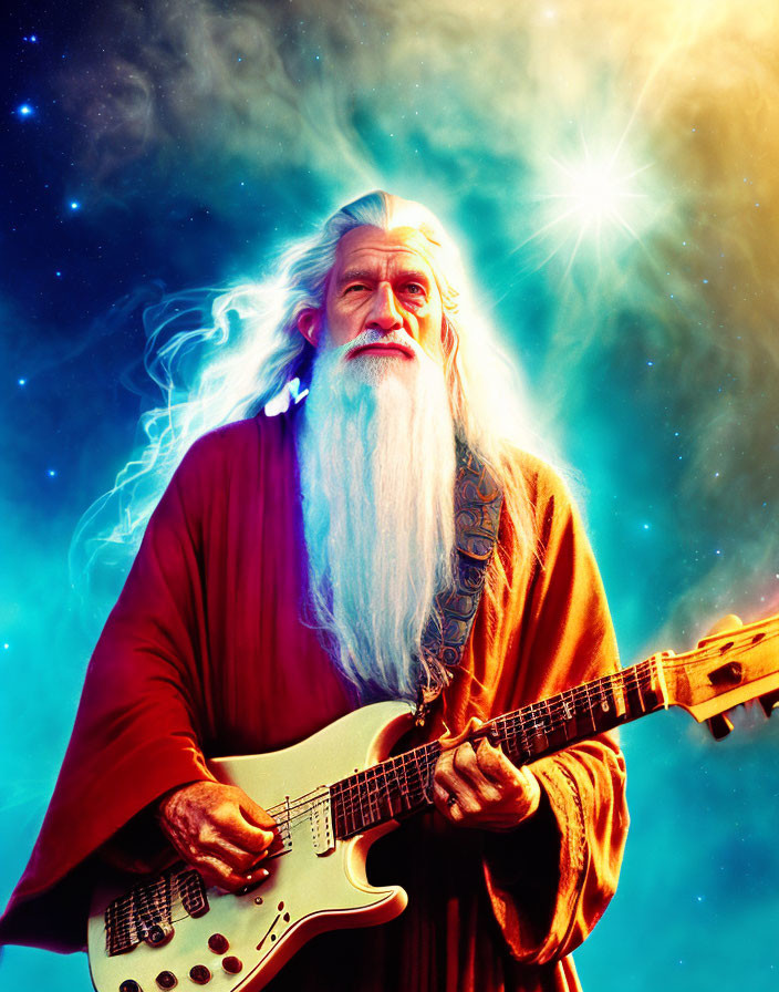 Elderly wizard with electric guitar in cosmic setting