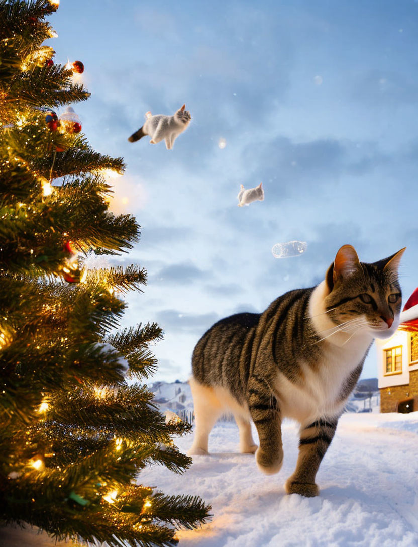 Cat walking in snow near Christmas tree with cat-shaped clouds and twilight sky