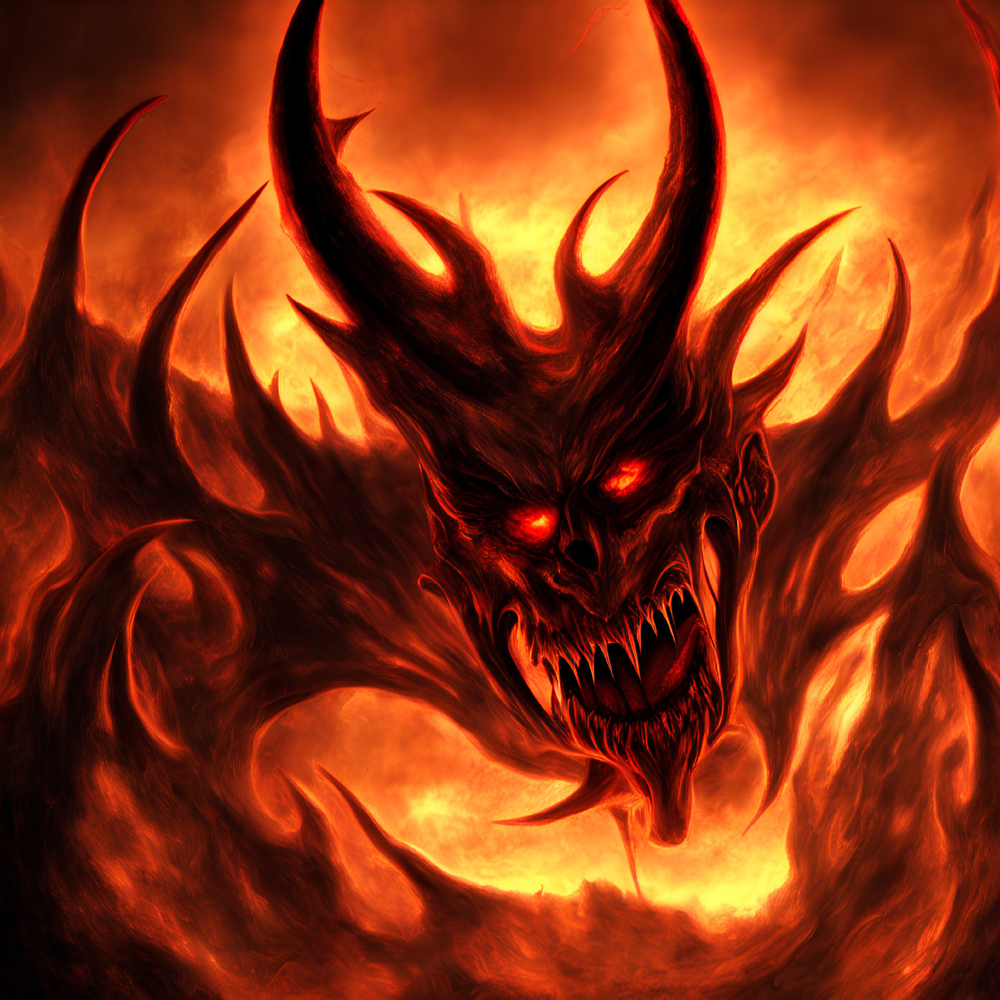 Sinister demonic entity with glowing red eyes and horns