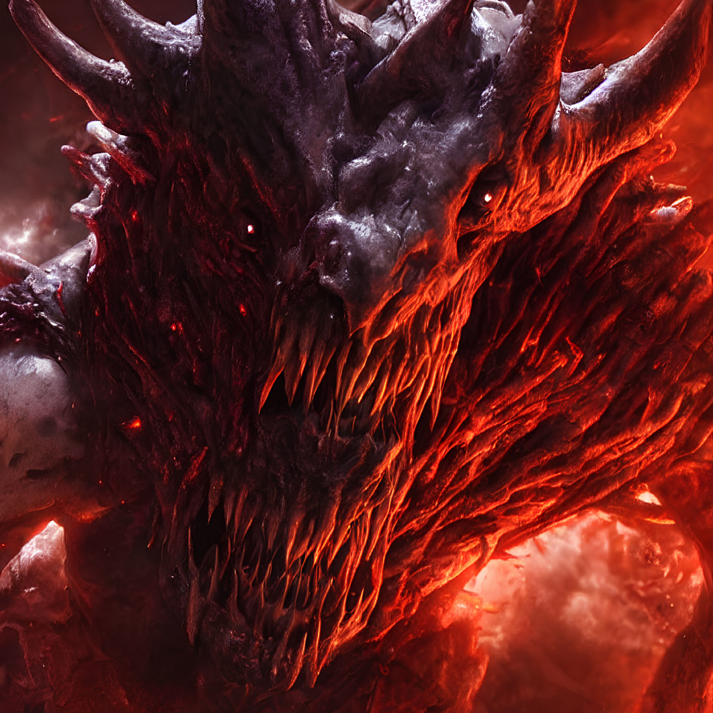 Menacing dragon with glowing red eyes and sharp horns on fiery red backdrop