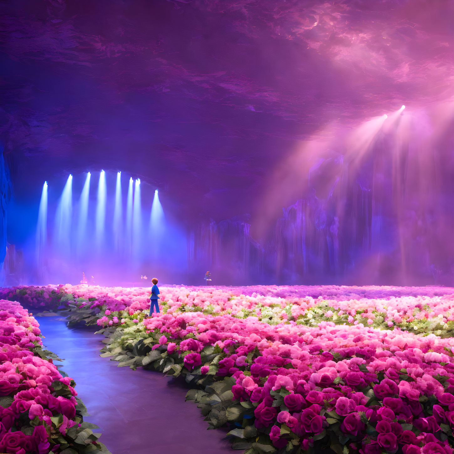 Child in Blue Jacket Surrounded by Vibrant Flowers and Waterfalls