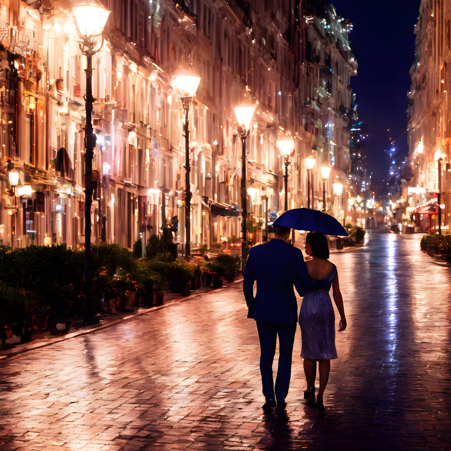 Couple walking under umbrella on wet city street at night