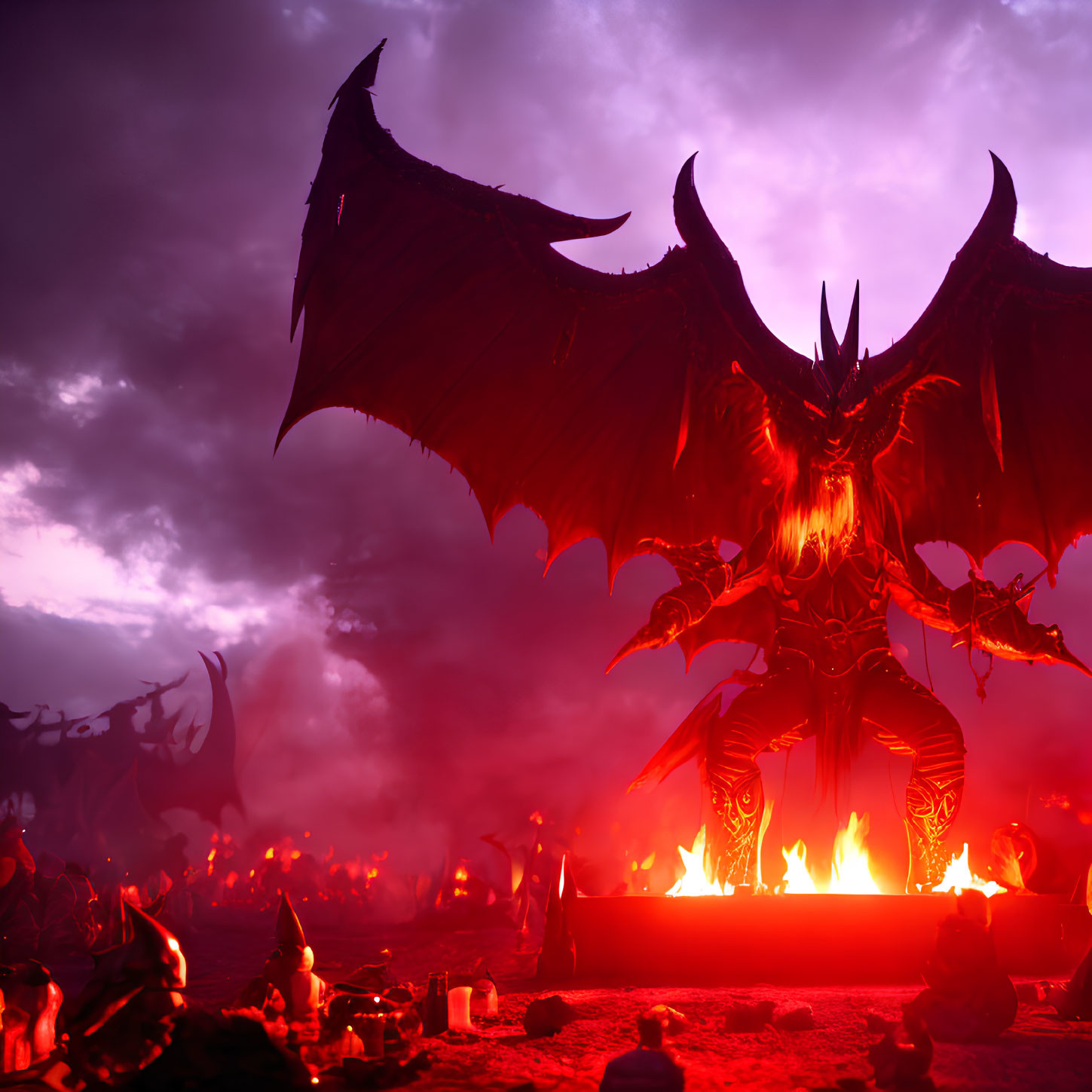 Menacing red dragon with expansive wings in fiery pit under purple sky