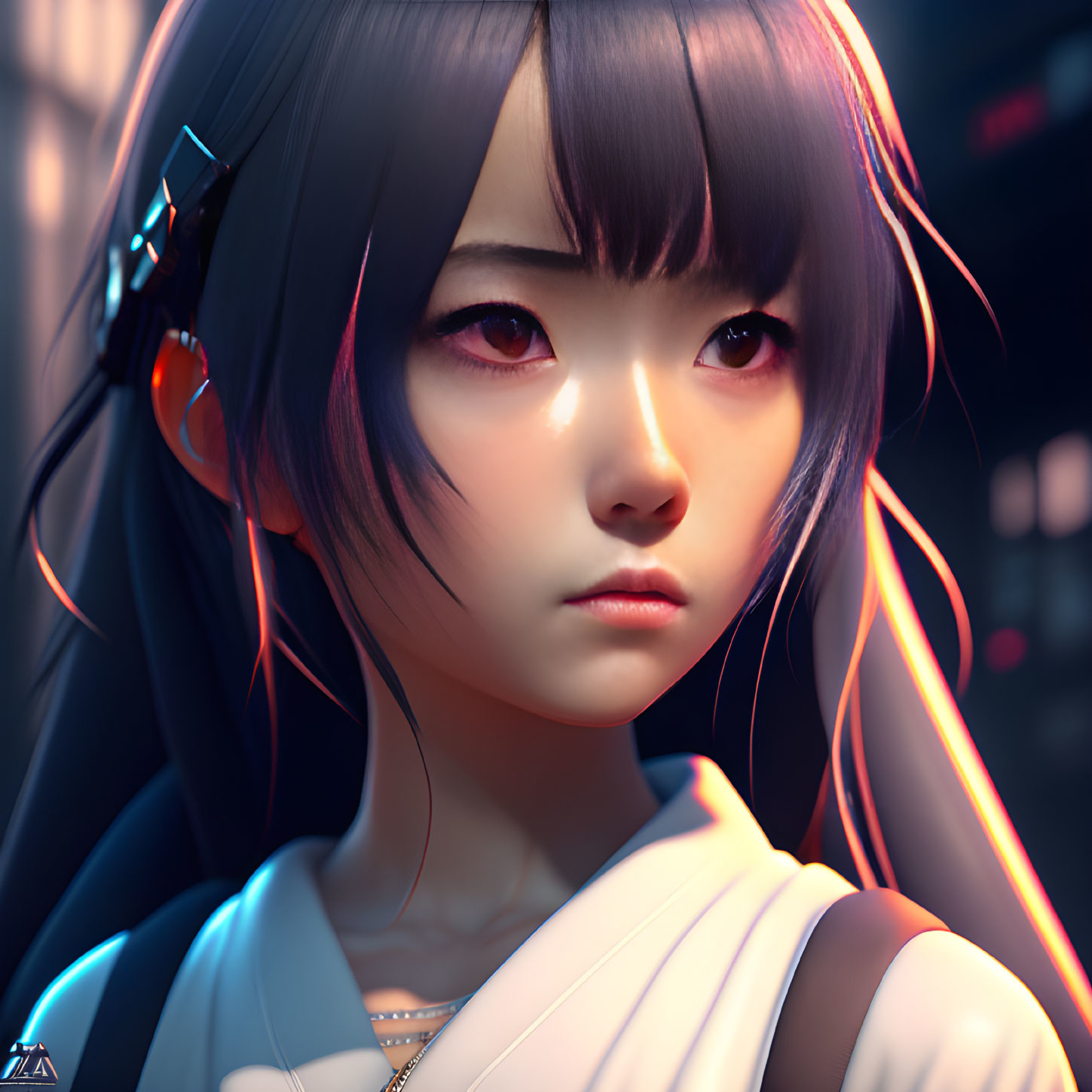 Digital Artwork: Girl with Large Eyes, Dark Hair, and Neon Lights