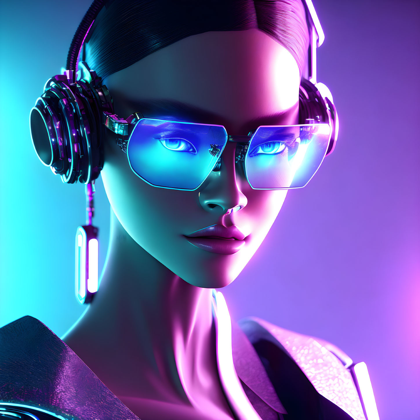 Female model in sleek headphones and glowing blue glasses on vibrant purple and blue backdrop