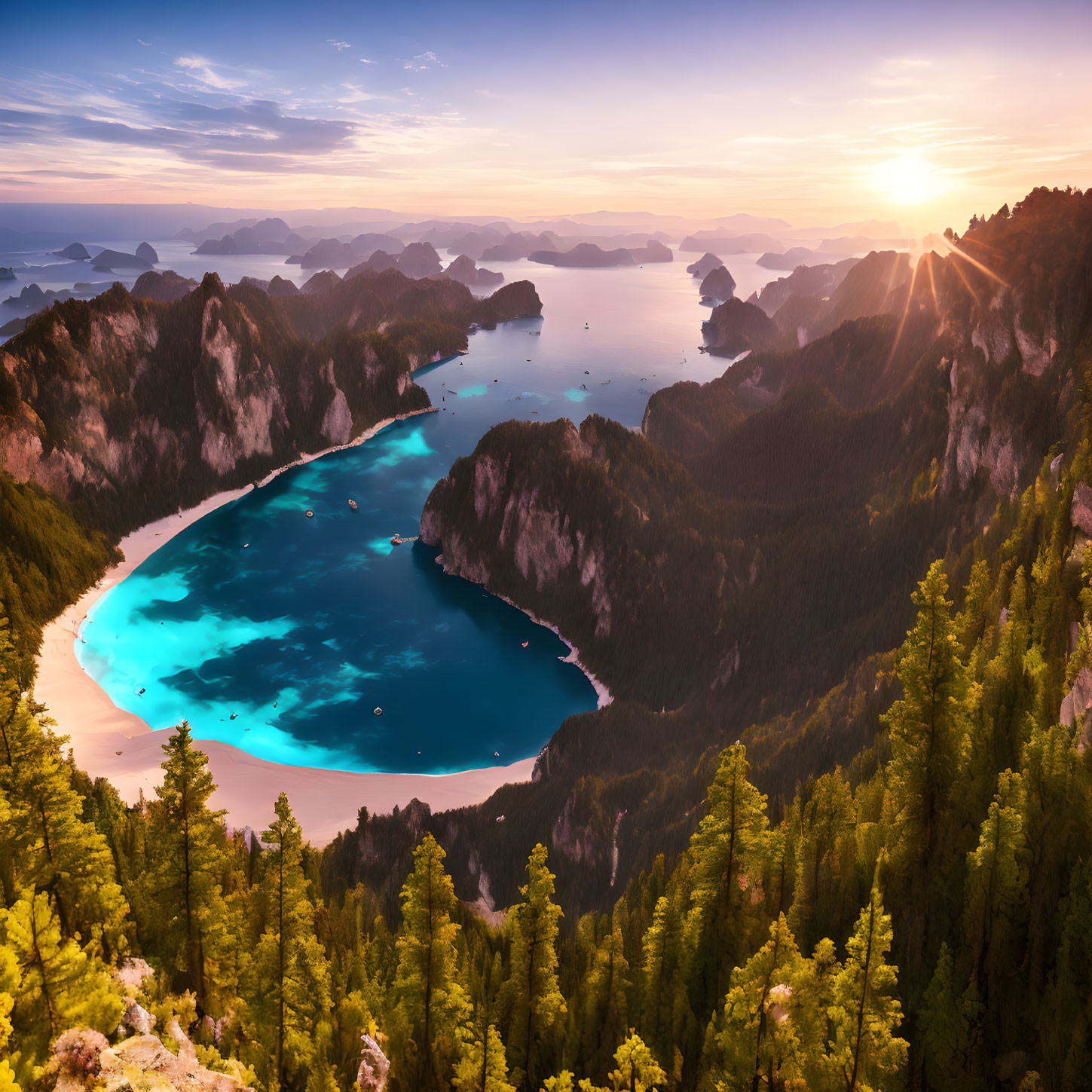 Serene bay sunset with forests, mountains, warm sky