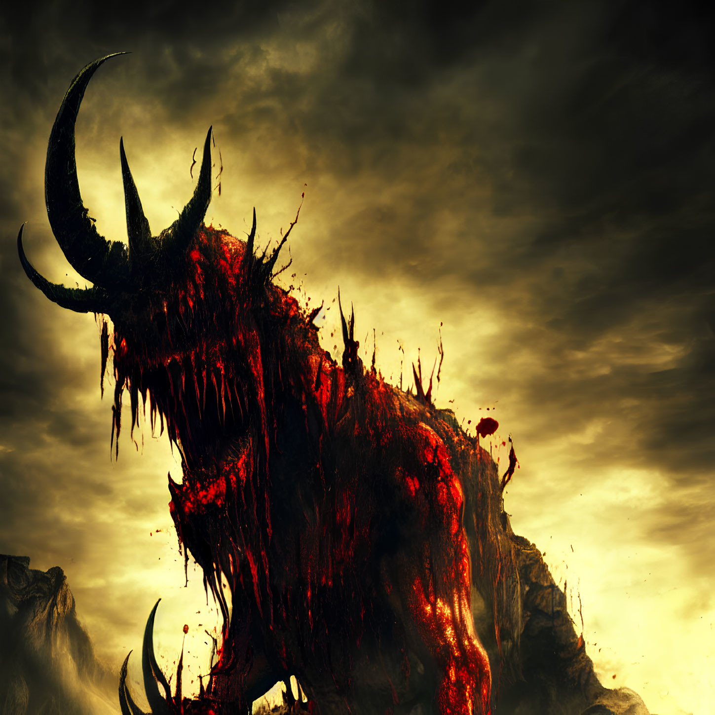 Menacing molten beast with large horns in stormy golden sky