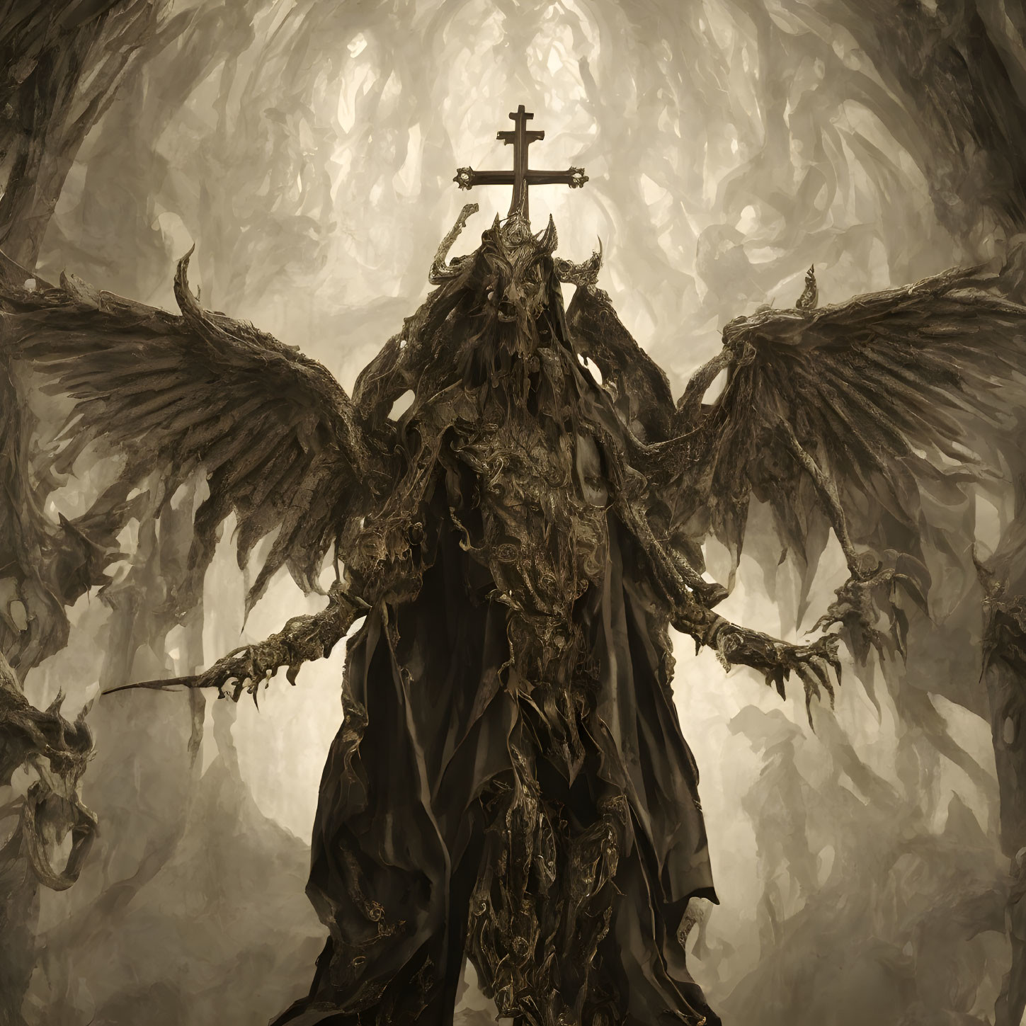 Dark angel with expansive wings in front of a cross, mysterious and powerful scene