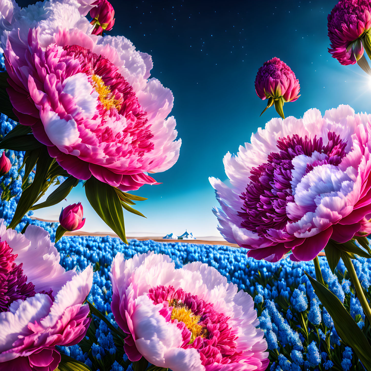 Pink and White Peonies in Full Bloom Against Surreal Landscape