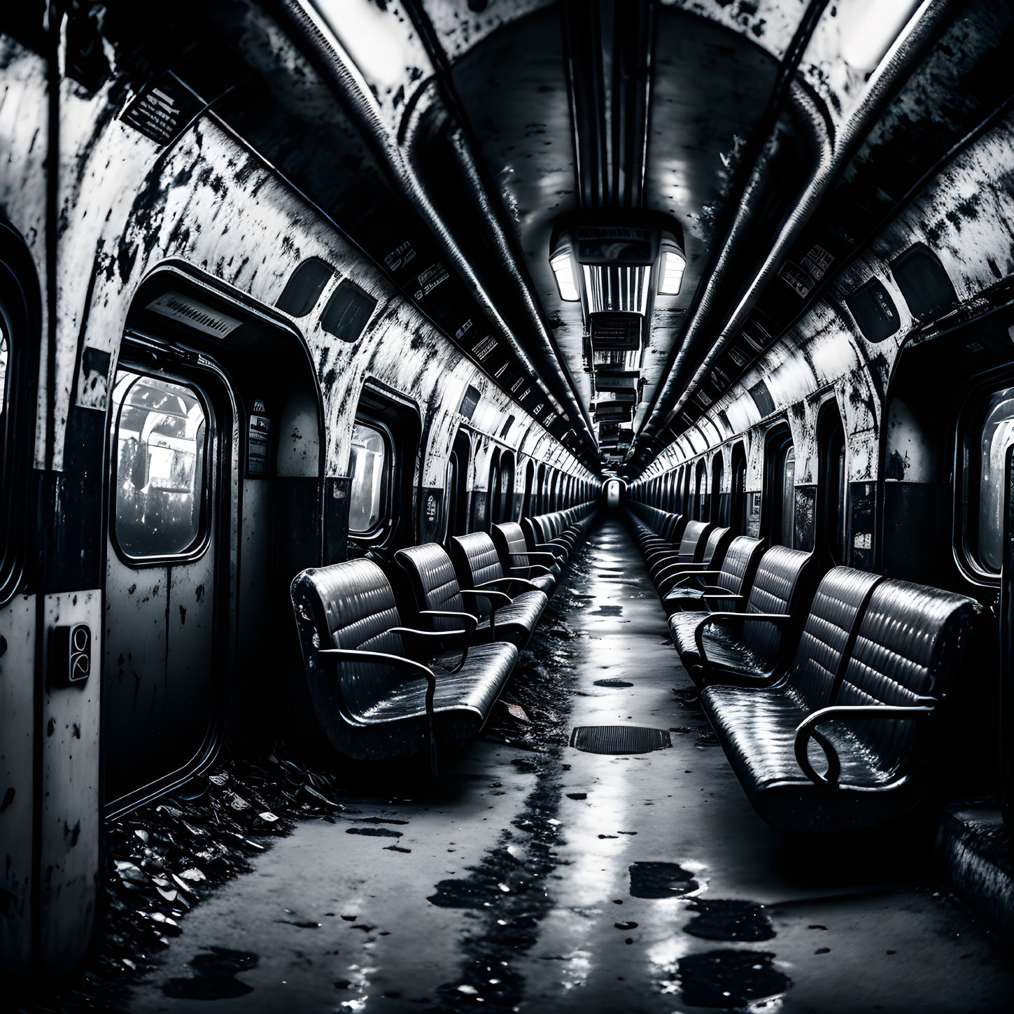 Monochrome photo of empty subway carriage interior