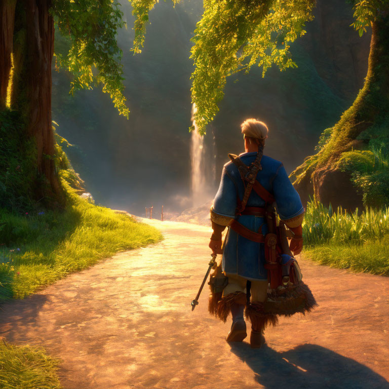 Medieval character walking towards sunlit forest glade with distant waterfall