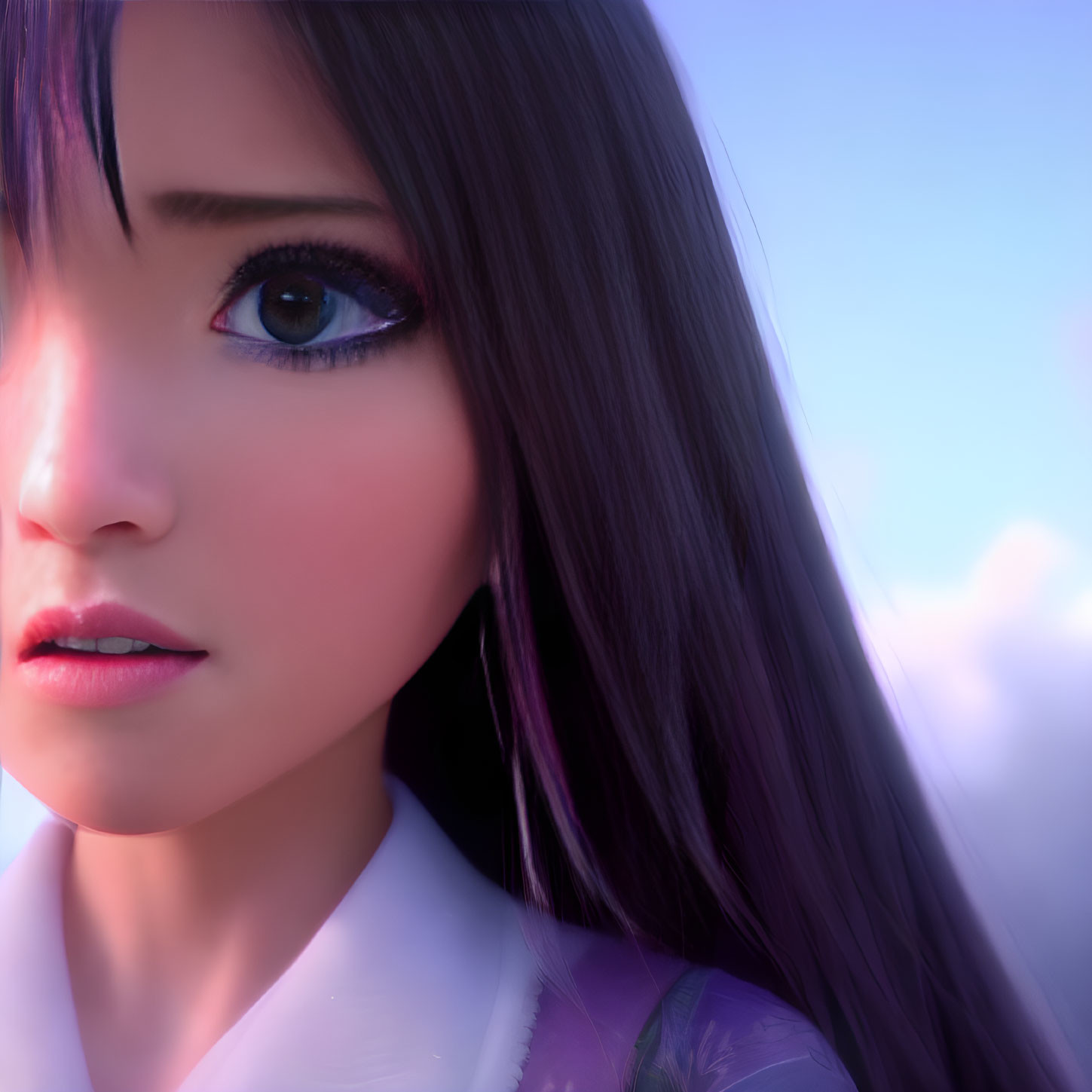 Female CGI Character with Purple Eyes and Dark Hair in White Outfit