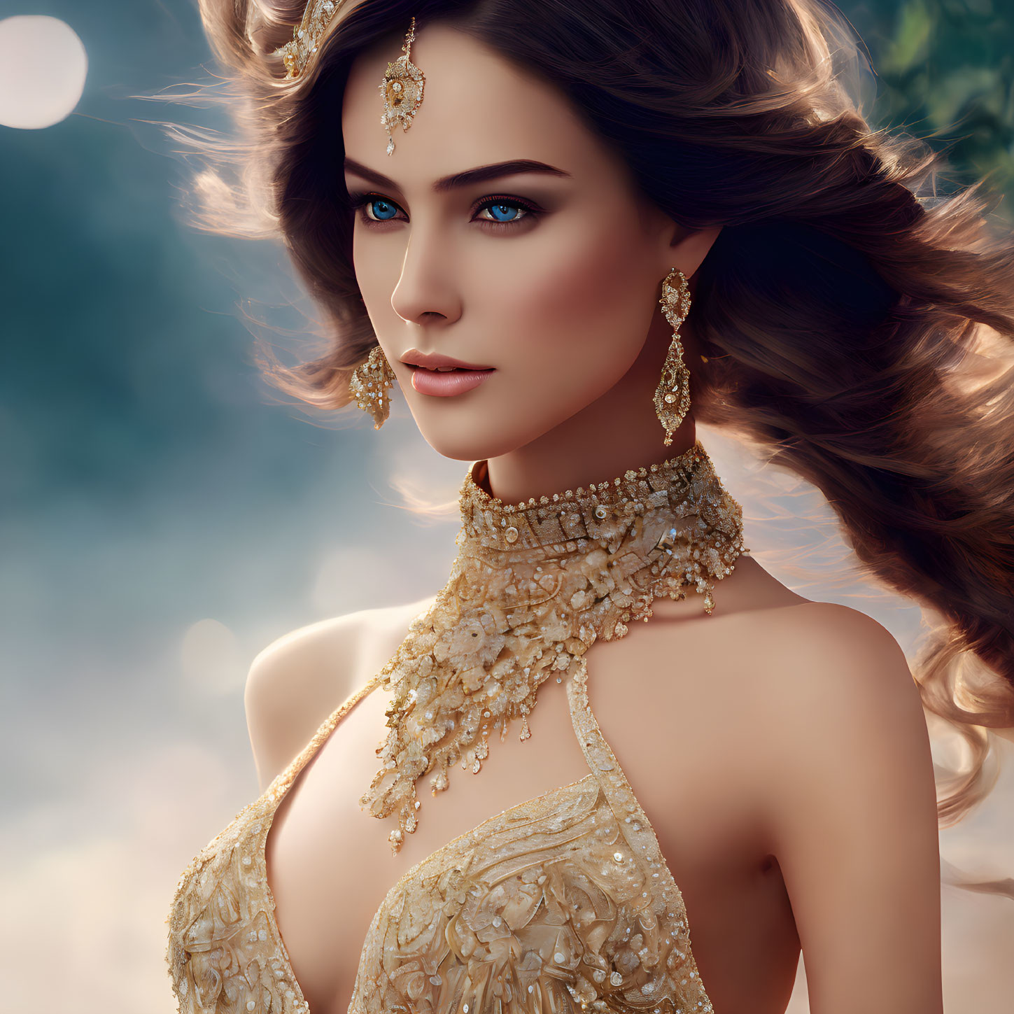 Portrait of woman with blue eyes, wavy brown hair, and gold jewelry