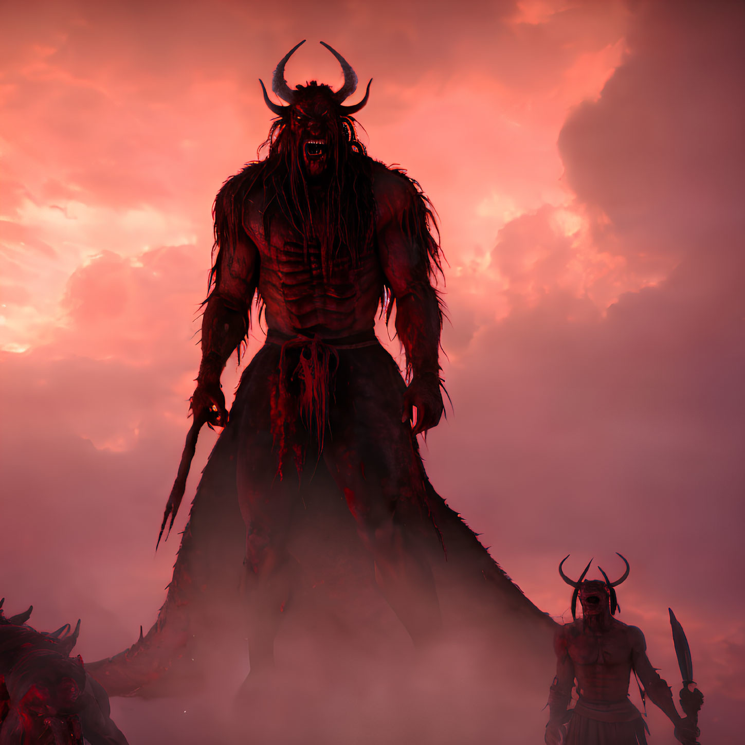 Muscular demon with horns and glowing eyes under red sky with weapon and smaller figures.