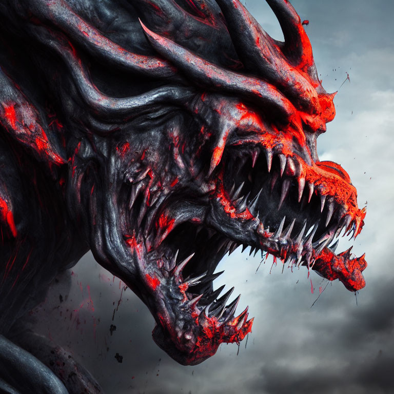 Black and Red Dragon with Sharp Teeth and Horns in Stormy Sky