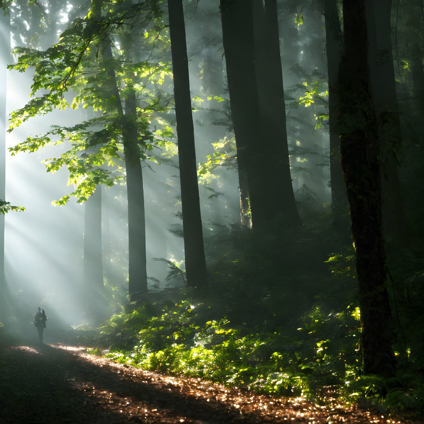 Person Walking on Forest Path with Sunbeams and Mist