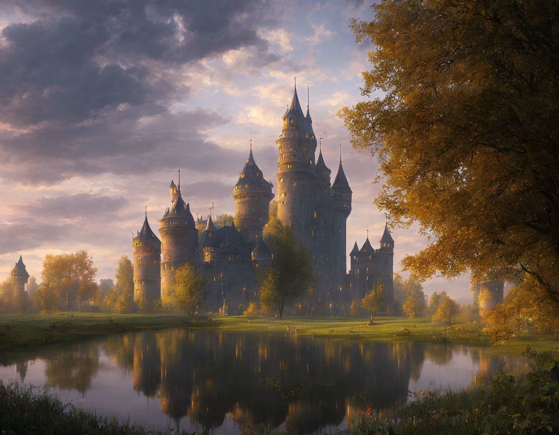 Majestic castle with towering spires in tranquil sunrise landscape