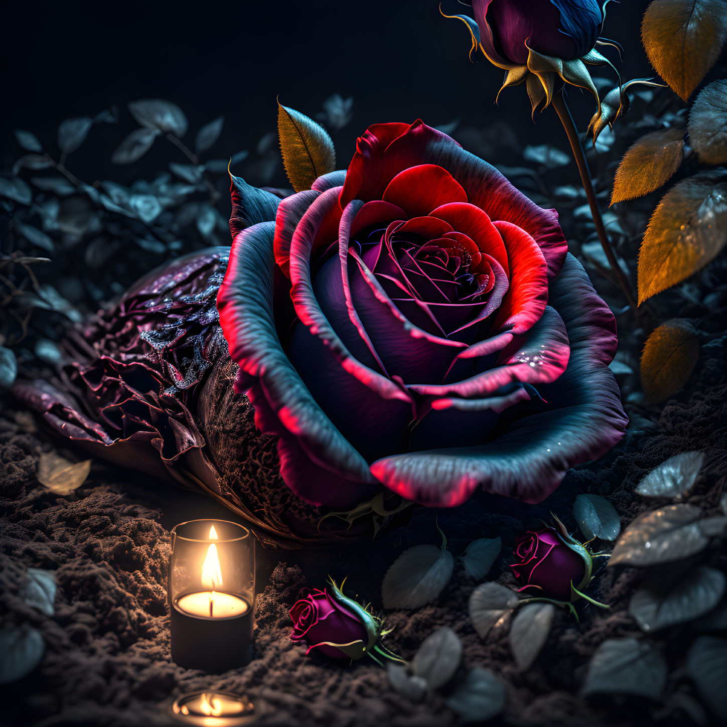 Colorful red and blue rose with candles on dark background