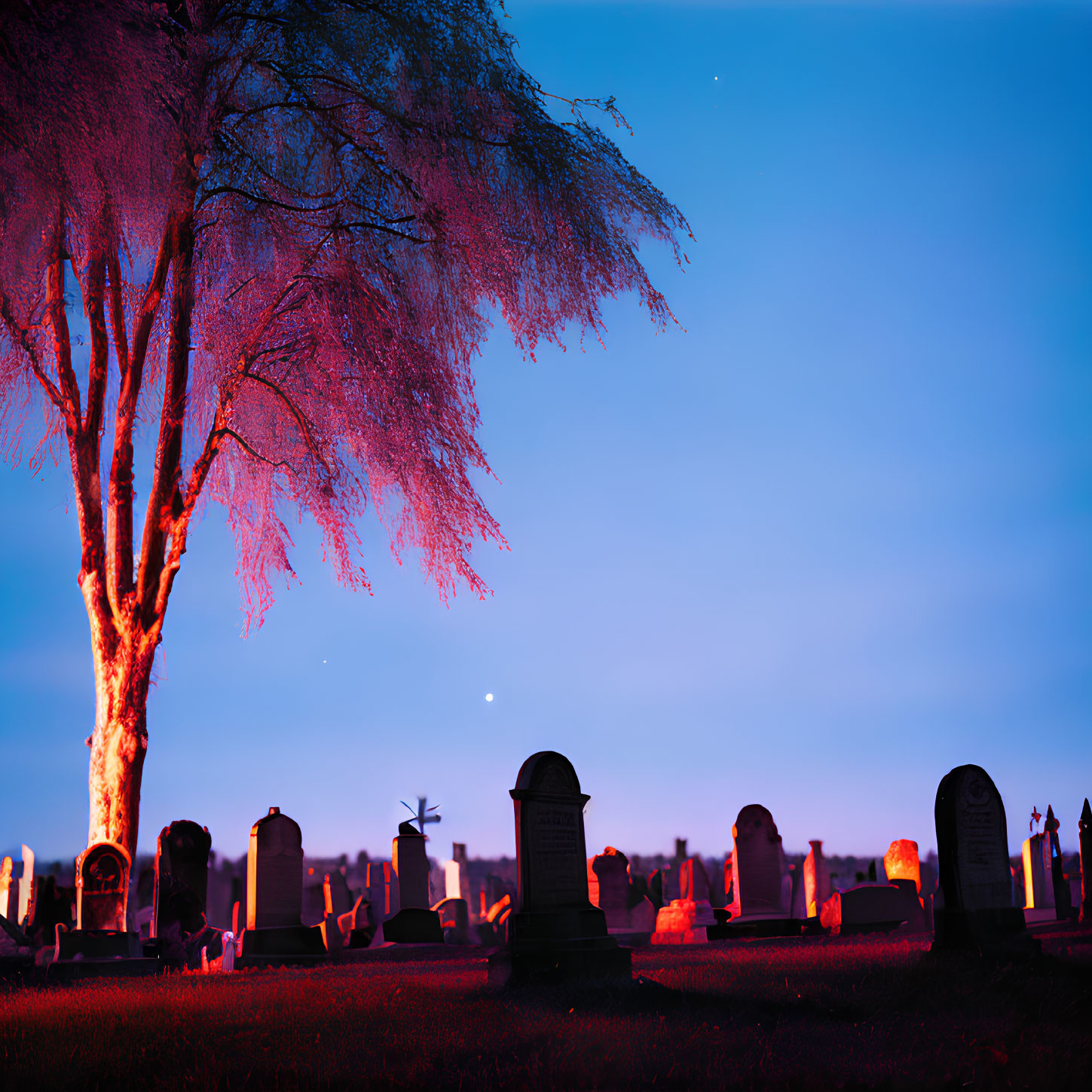 Twilight cemetery scene with silhouetted tombstones and illuminated tree