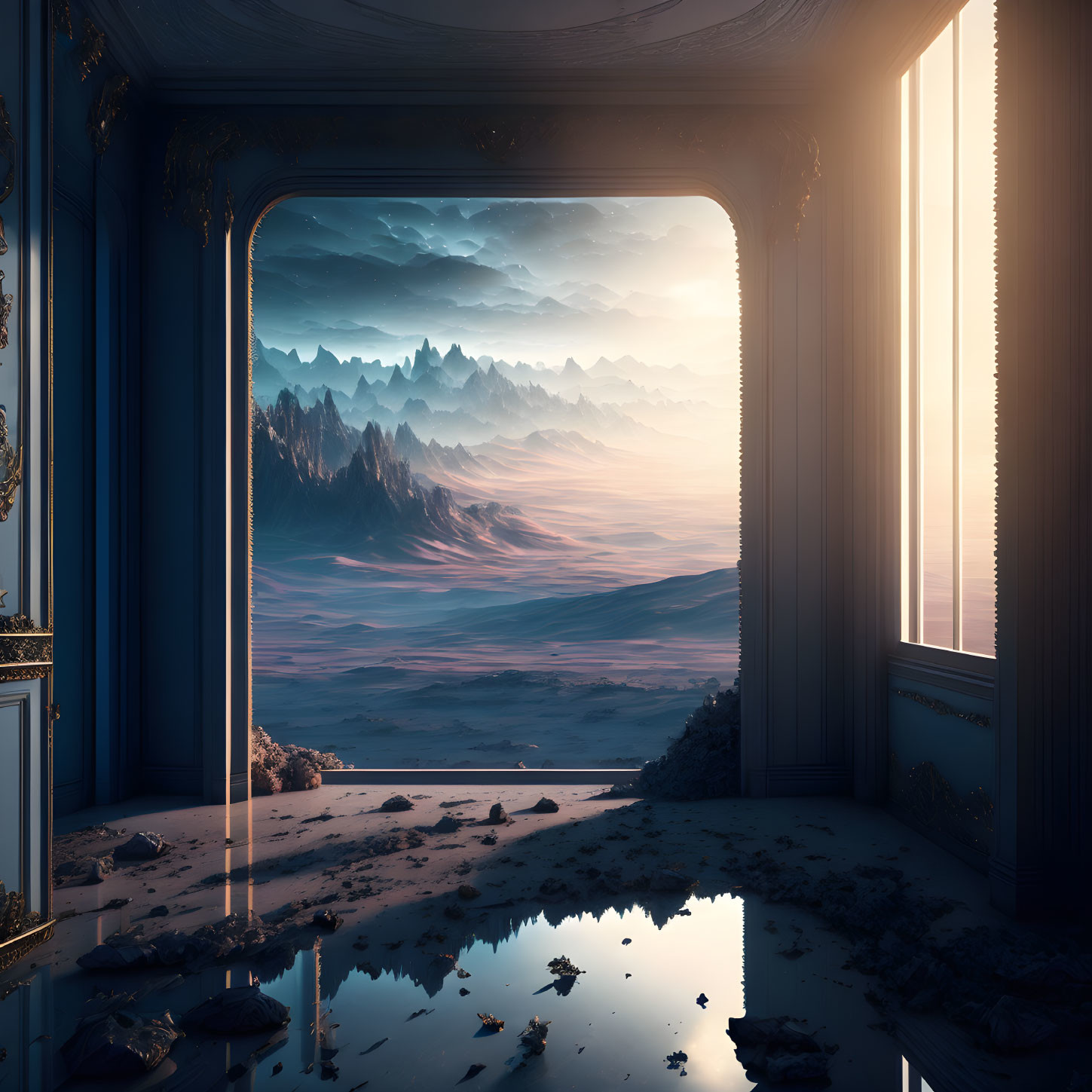 Ornate room with mountain landscape view at dawn or dusk