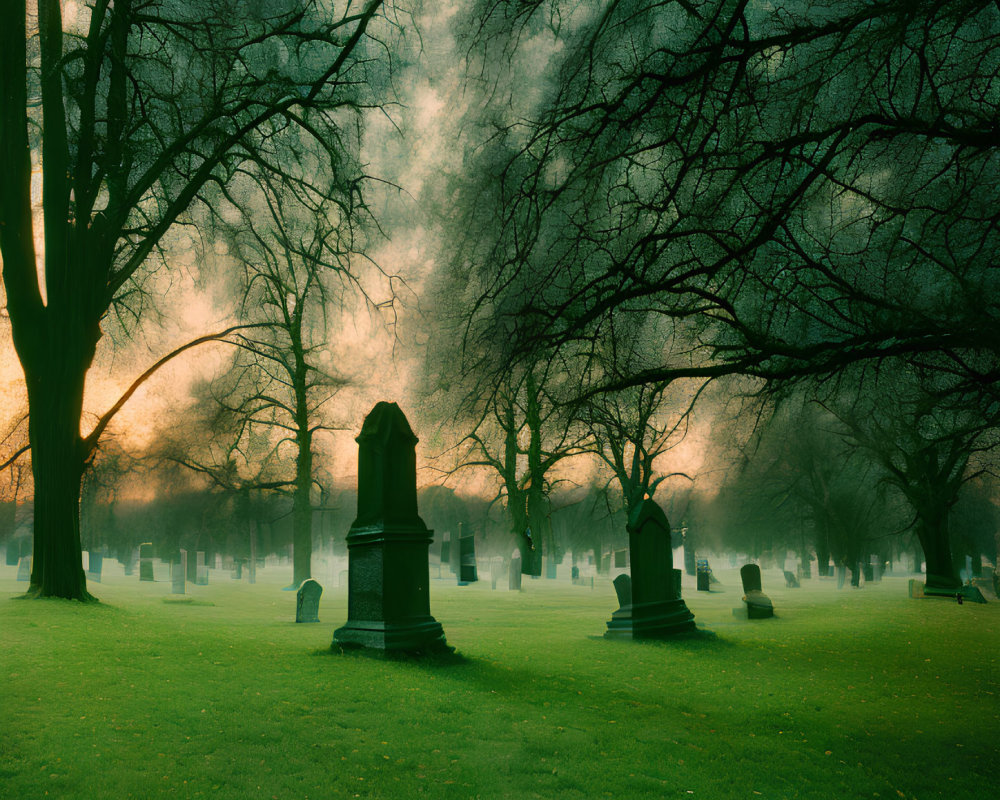 Foggy Cemetery with Silhouetted Tombstones and Bare Trees