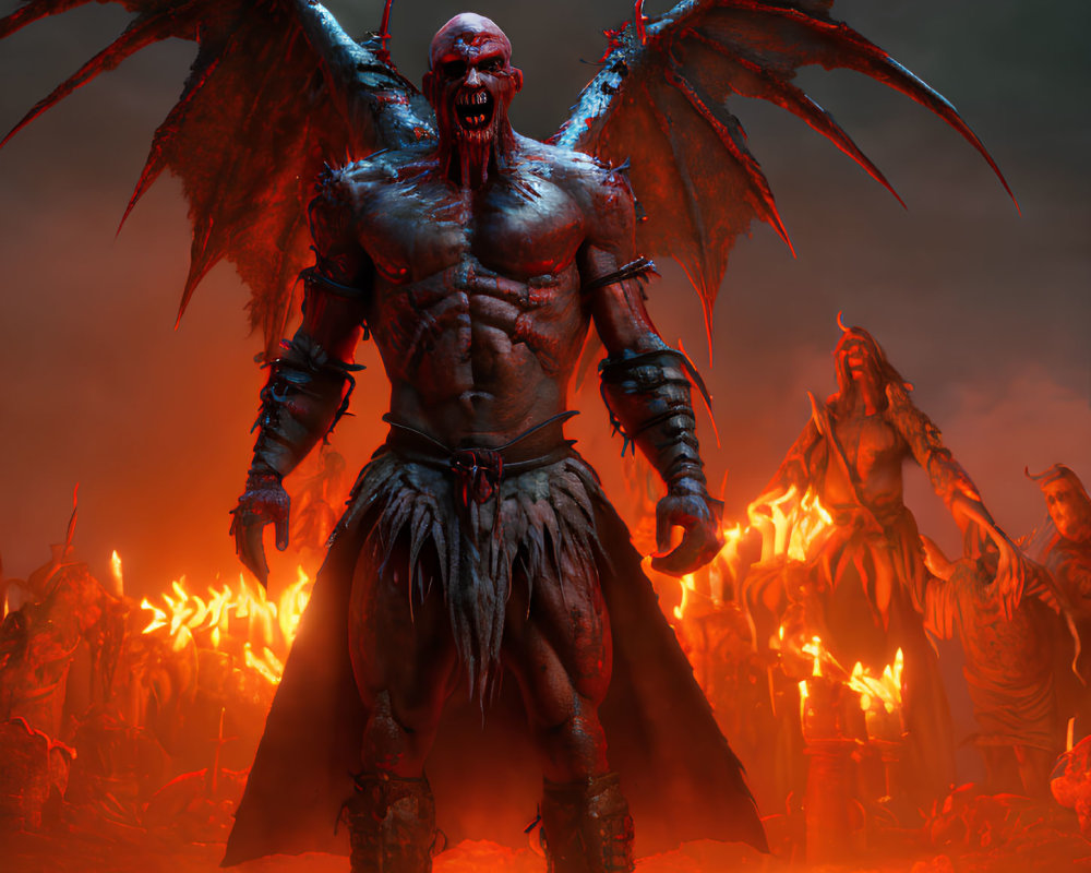 Menacing winged demon with red eyes in fiery hellish landscape