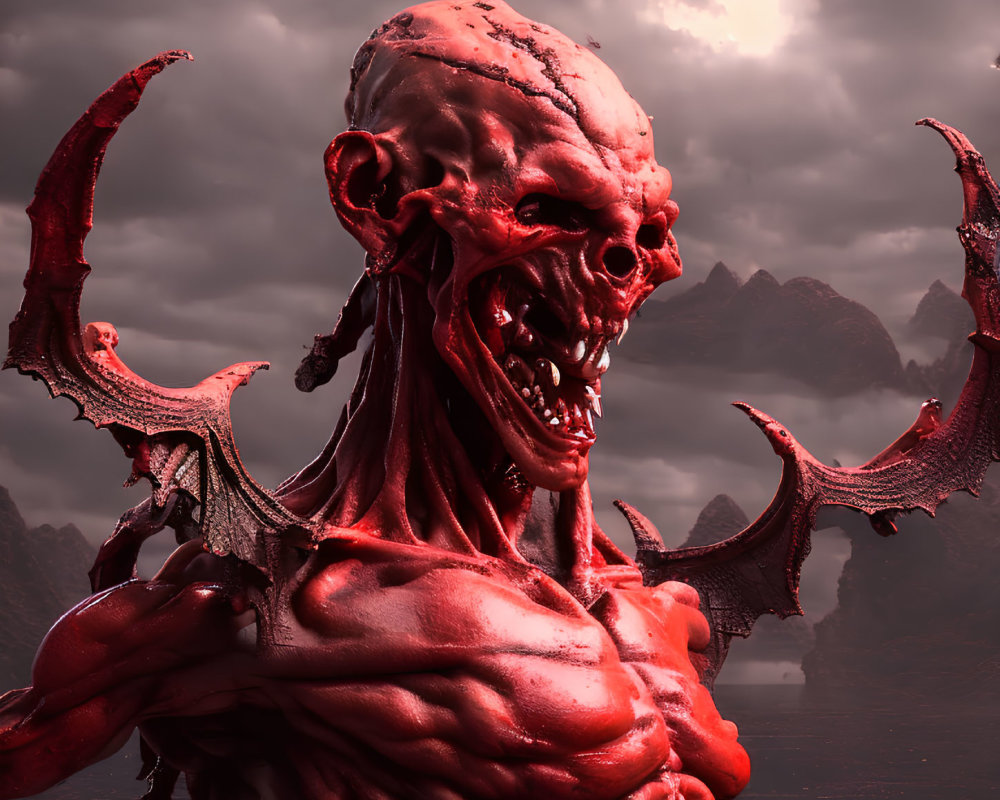 Sinister red-skinned creature with fangs, horns, and wings in mountainous setting