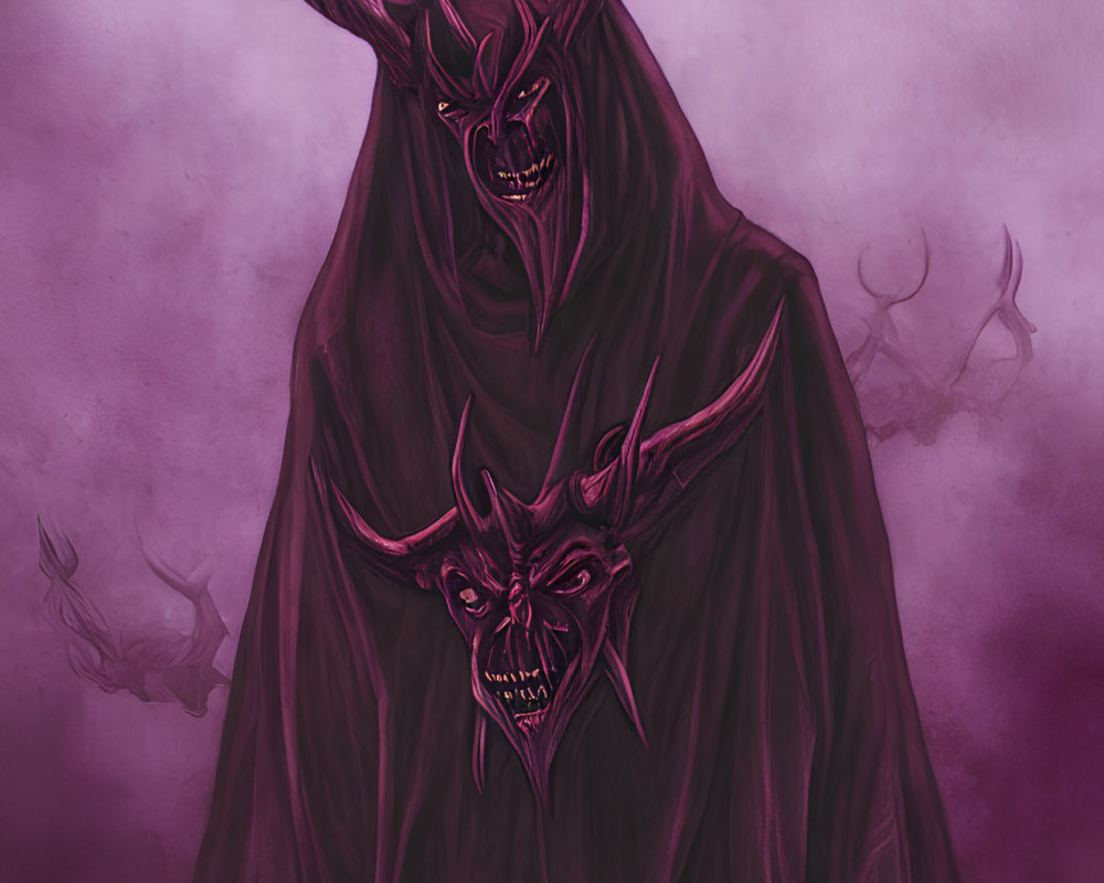 Menacing demonic figures with sharp horns in misty purple background