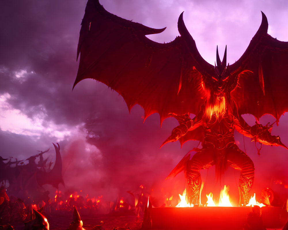 Menacing red dragon with expansive wings in fiery pit under purple sky